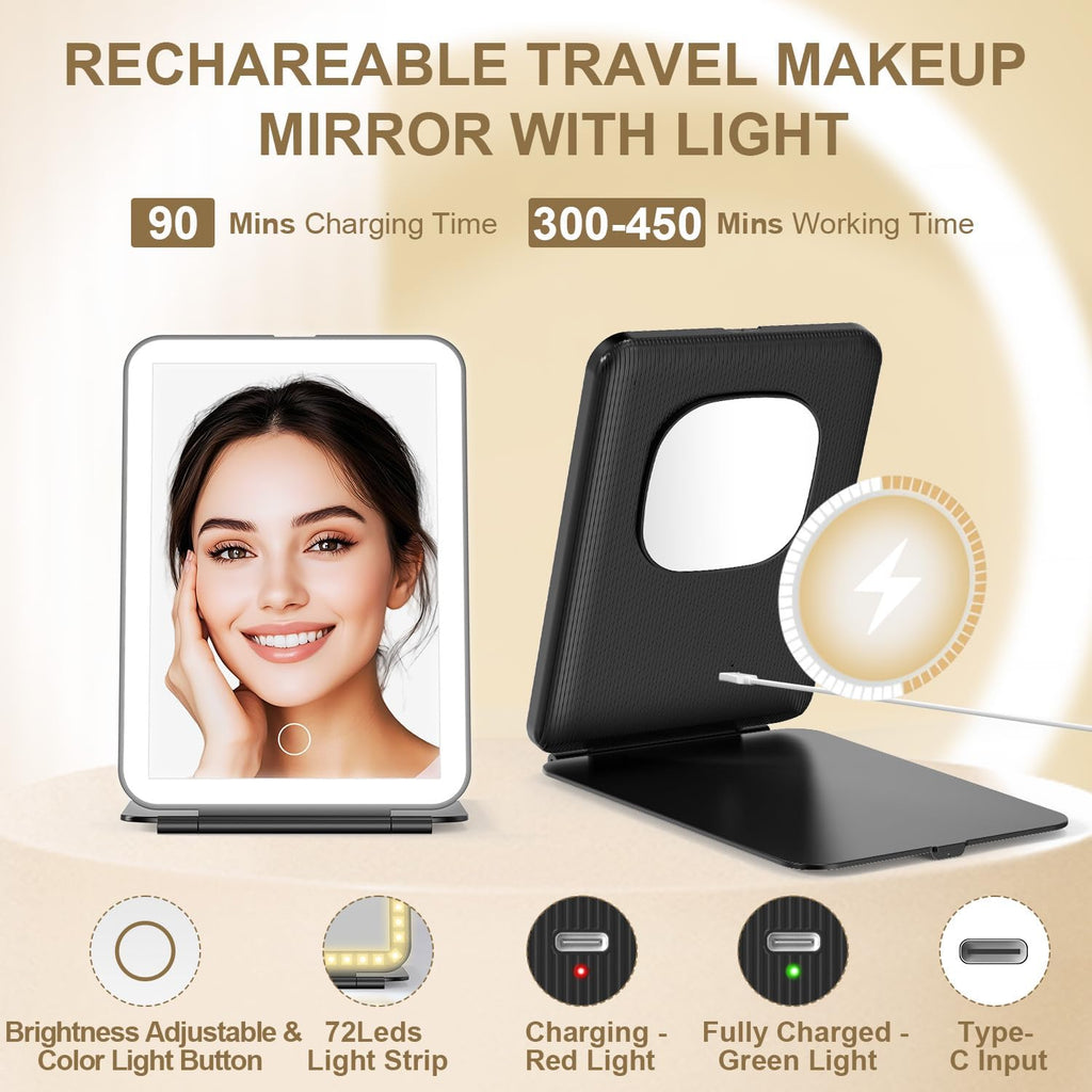 Mocado LED Foldable Travel Makeup Mirror - 5x7 inches 3 Colors Light Modes USB Rechargeable Touch Screen, Portable Tabletop Cosmetic Mirror for Travel, Cosmetic, Office (Black)
