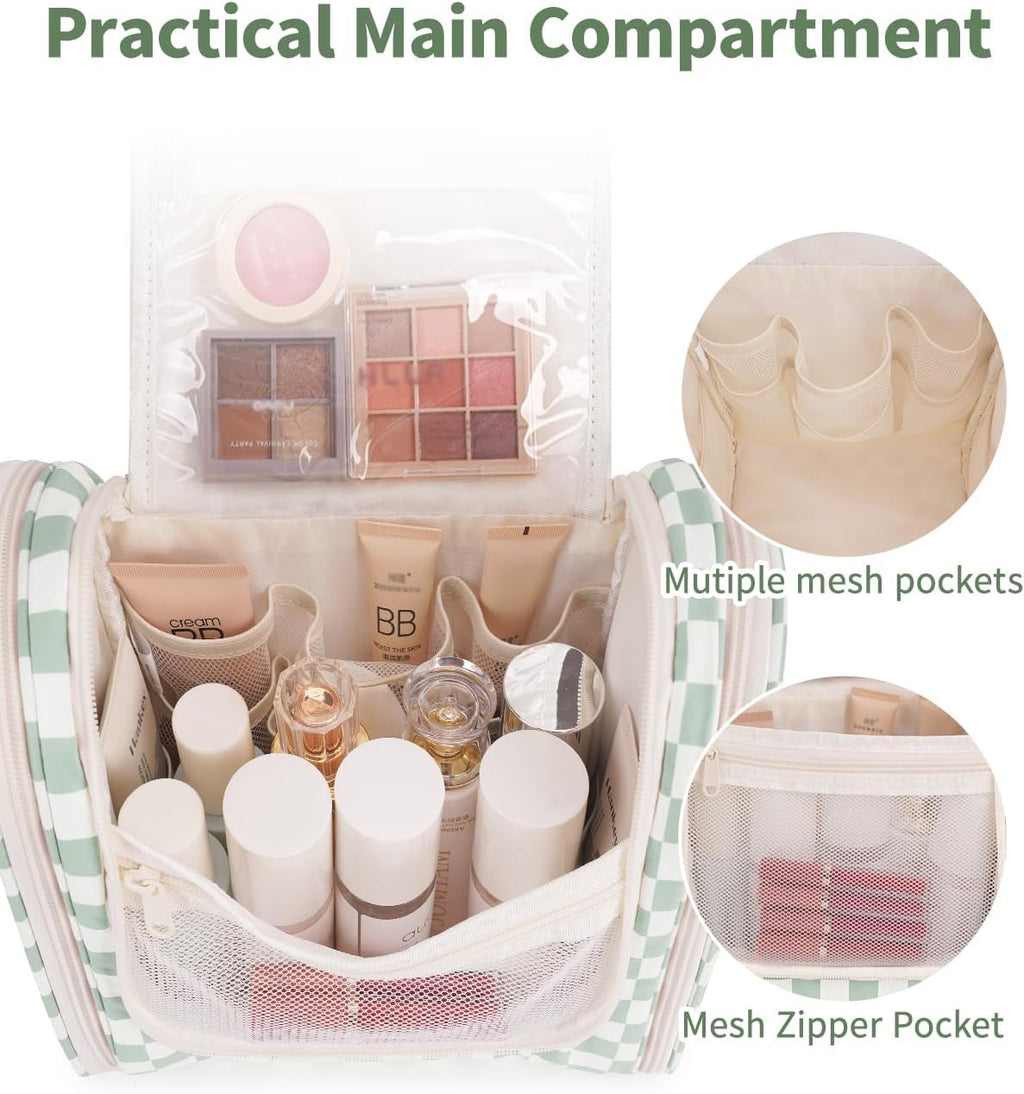 Narwey Checked Hanging Travel Toiletry Bag for Women, Travel Bag for Toiletries, Makeup Bag Organizer Cosmetic Bags Make Up Bags for Women (Mint Green Checkerboard)