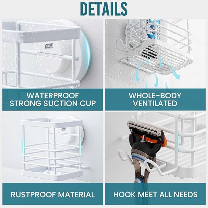 TAILI Patented Suction Cup Toothbrush Holder, Stainless Steel Anti-Puddling Toothbrush Shower Holder, No Drilling Removable Organizer for Bathroom Toothpaste, Razor, Kitchen and Office Items, White