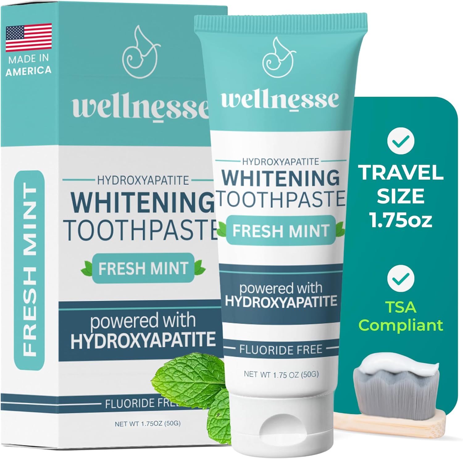 Wellnesse Hydroxyapatite Toothpaste – Fluoride Free for Sensitive Gums – Anti-Plaque, Remineralizing, Enamel Protection & Natural Whitening Toothpaste for Adults – Fresh Mint Flavor – 1.75 oz