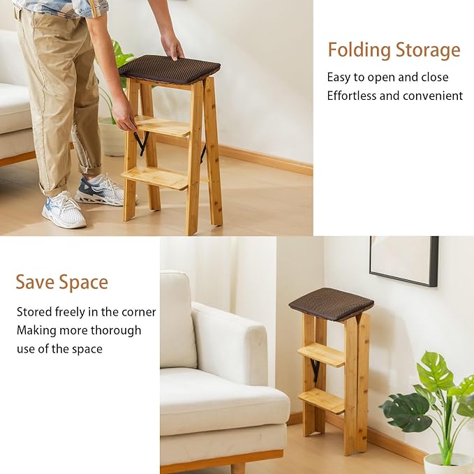 Latifolia Foldable 3 Step Ladder, Bamboo Step Stool with Floor Saver, Decorative Ladder Shelf for Living Room, Kitchen, Garden(Nature)