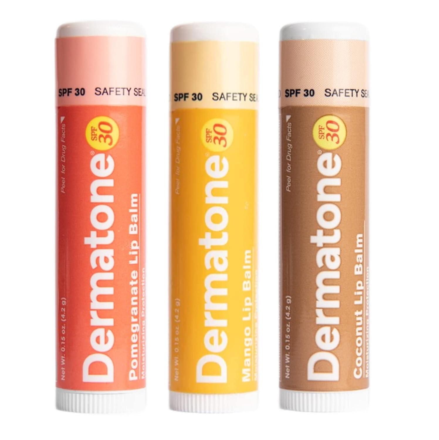 Dermatone Lip Balm Fruit Variety Pack | Moisturizing Lip Care Stocking Stuffer | Soothes & Heals Chapped Lips | SPF 30 | Aloe, Tea Tree Oil | 3-Pack (Coconut, Mango, Green Tea)