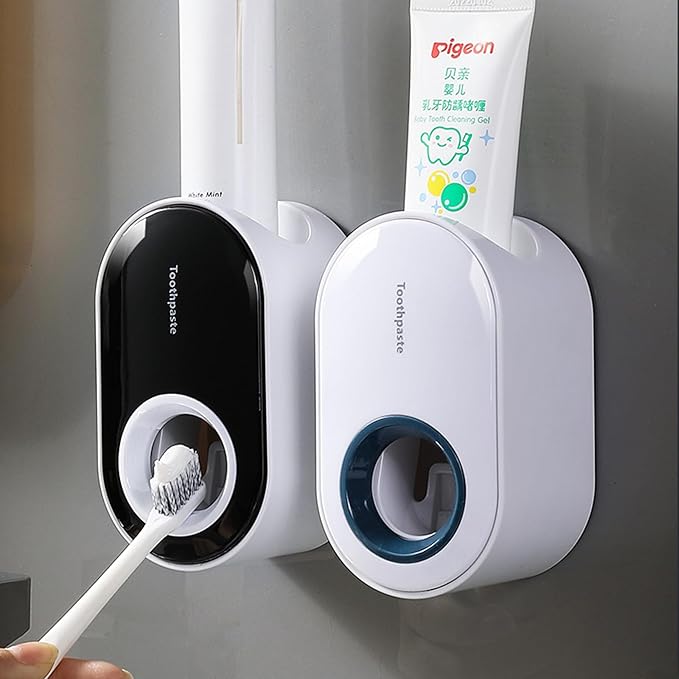 Stainless Steel Adhesive Wall Mounted Toothbrush Holder, 3 in 1 Organizer for Toothbrush, Toothpaste, and Cup (Black (Set of 2))