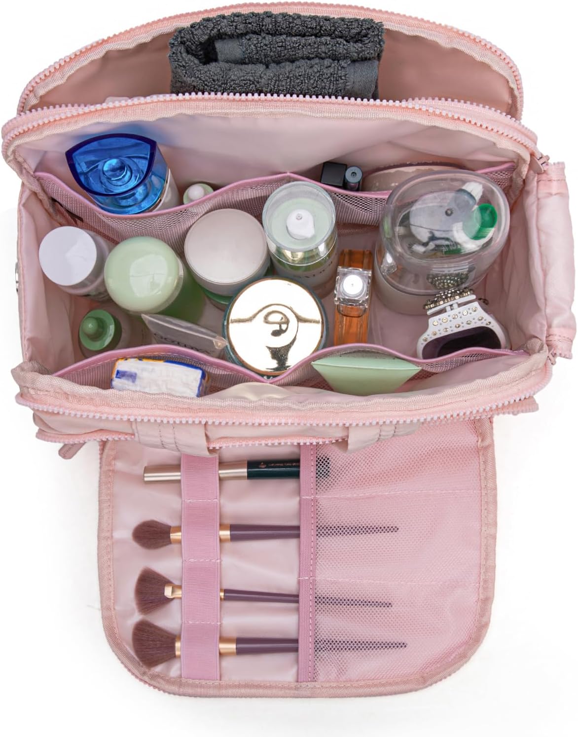 Montana West Travel Toiletry Bag Large Capacity Travel Bags Soft Pink Makeup Organizer Lightweight Puffy Cosmetic Bag with Waterproof Compartment