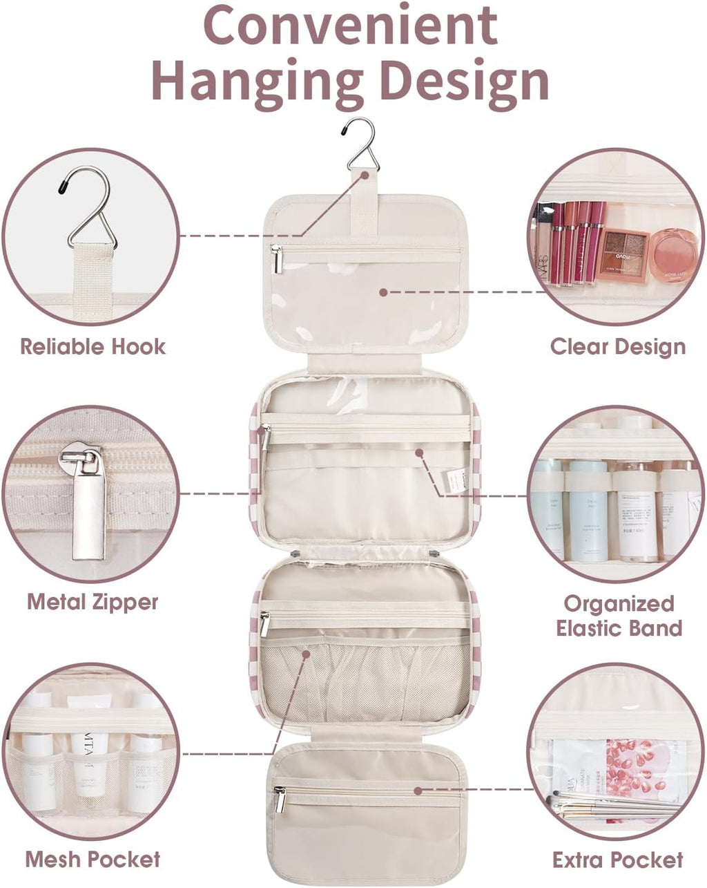 Narwey Hanging Toiletry Bag for Women Travel Makeup Bag Organizer Toiletries Bag for Travel Size Essentials Accessories Cosmetics (Dusty Pink Checkerboard (Medium))