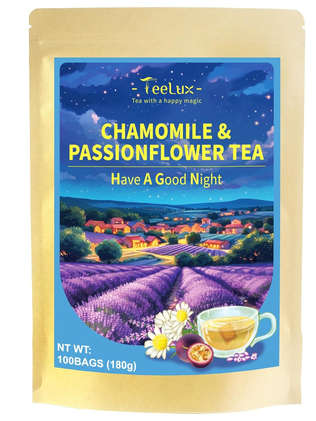 TeeLux Chamomile Passionflower Tea, Caffeine Free Tea with Lemon Balm, Spearmint, Valerian Root, Lavender, Soothing & Smooth Taste, 100 Count