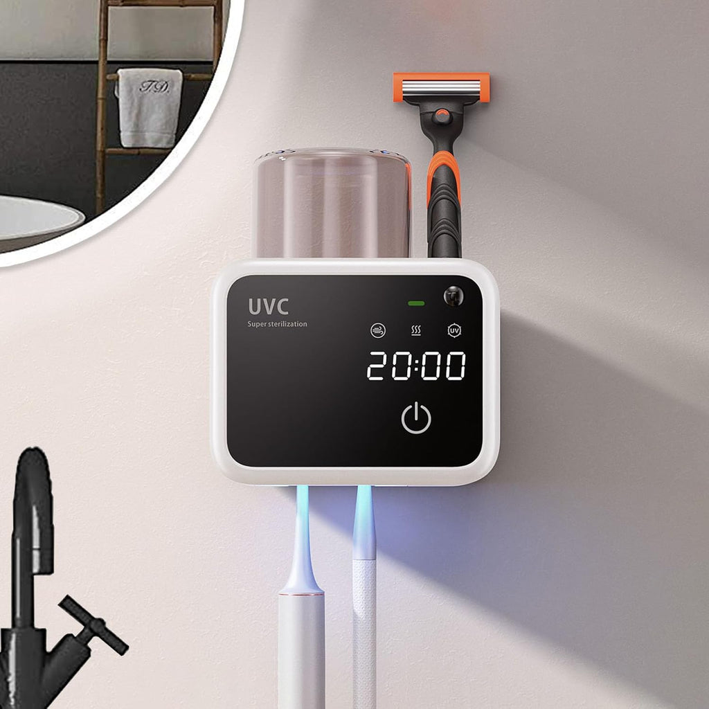 Bathroom Toothbrush Holders-2 Slots 1 Cup,Electric Toothbrush Holder with Constant Temperature Drying, Timed Cleaning, Air Drying, Rechargeable Wall-Mounted Toothbrush Holder with 4000mAh (White)