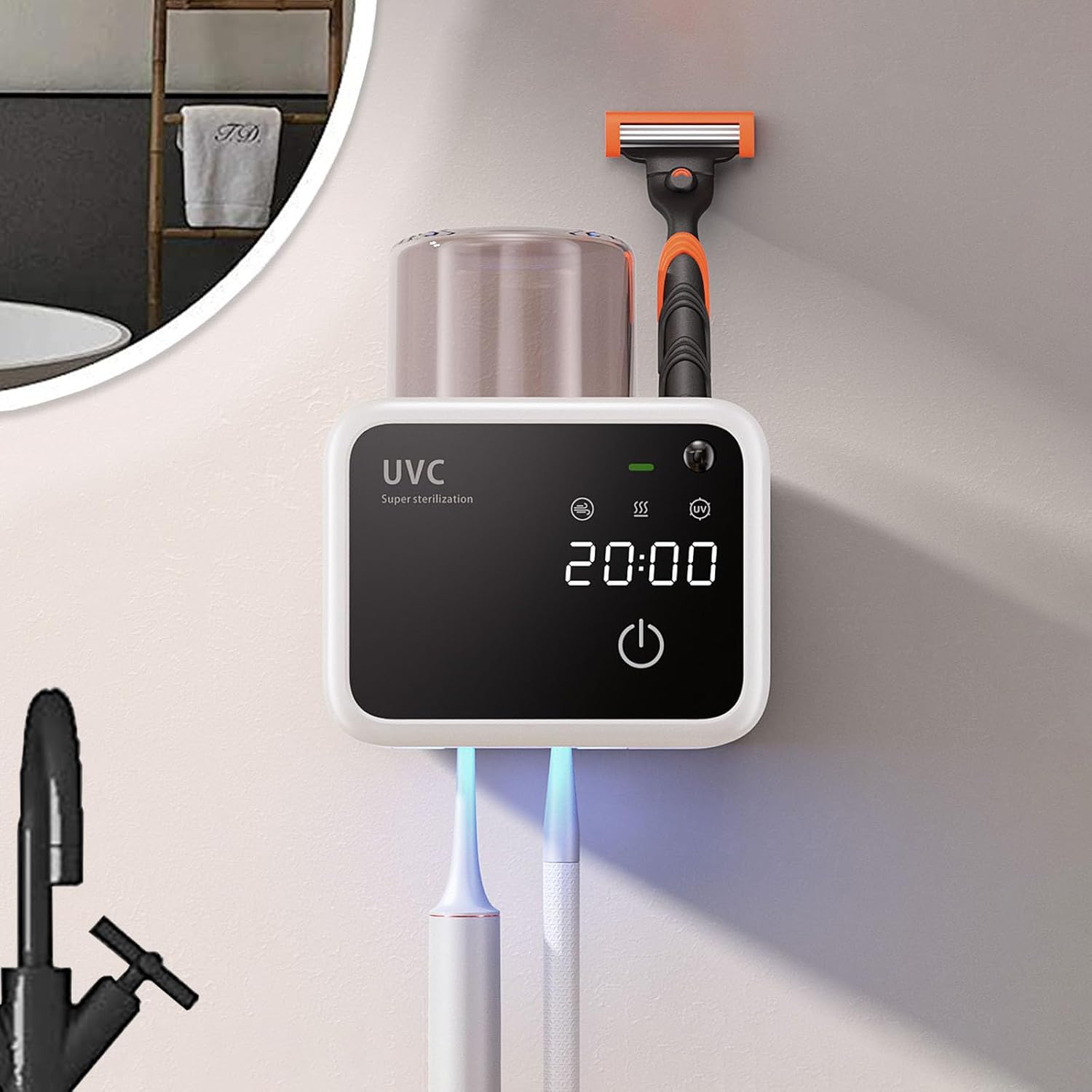 Bathroom Toothbrush Holders-2 Slots 1 Cup,Electric Toothbrush Holder with Constant Temperature Drying, Timed Cleaning, Air Drying, Rechargeable Wall-Mounted Toothbrush Holder with 4000mAh (White)