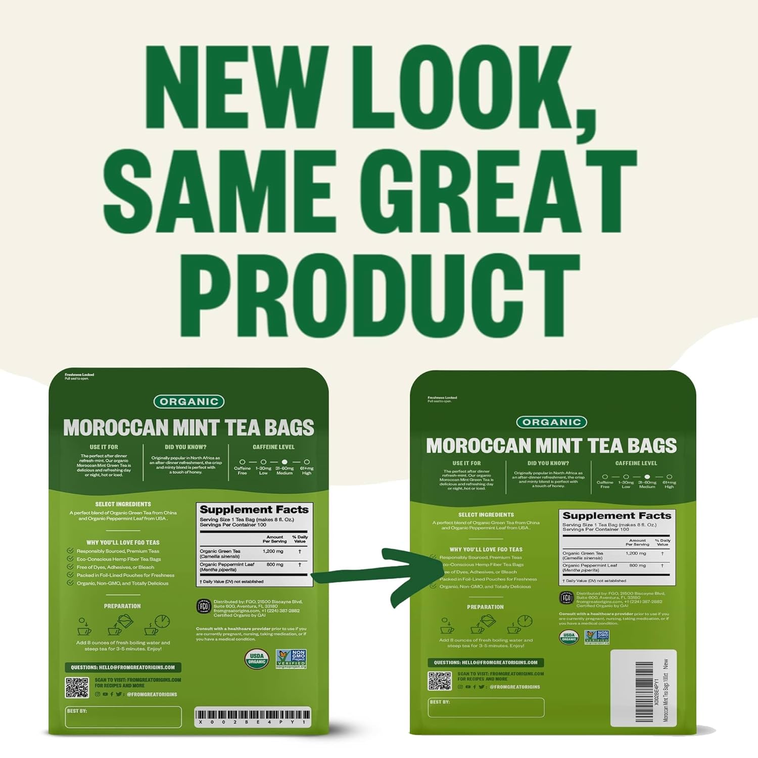 FGO Organic Moroccan Mint Green Tea, 100 Count, Eco-Conscious Tea Bags, Resealable Bag, Packaging May Vary (Pack of 1)