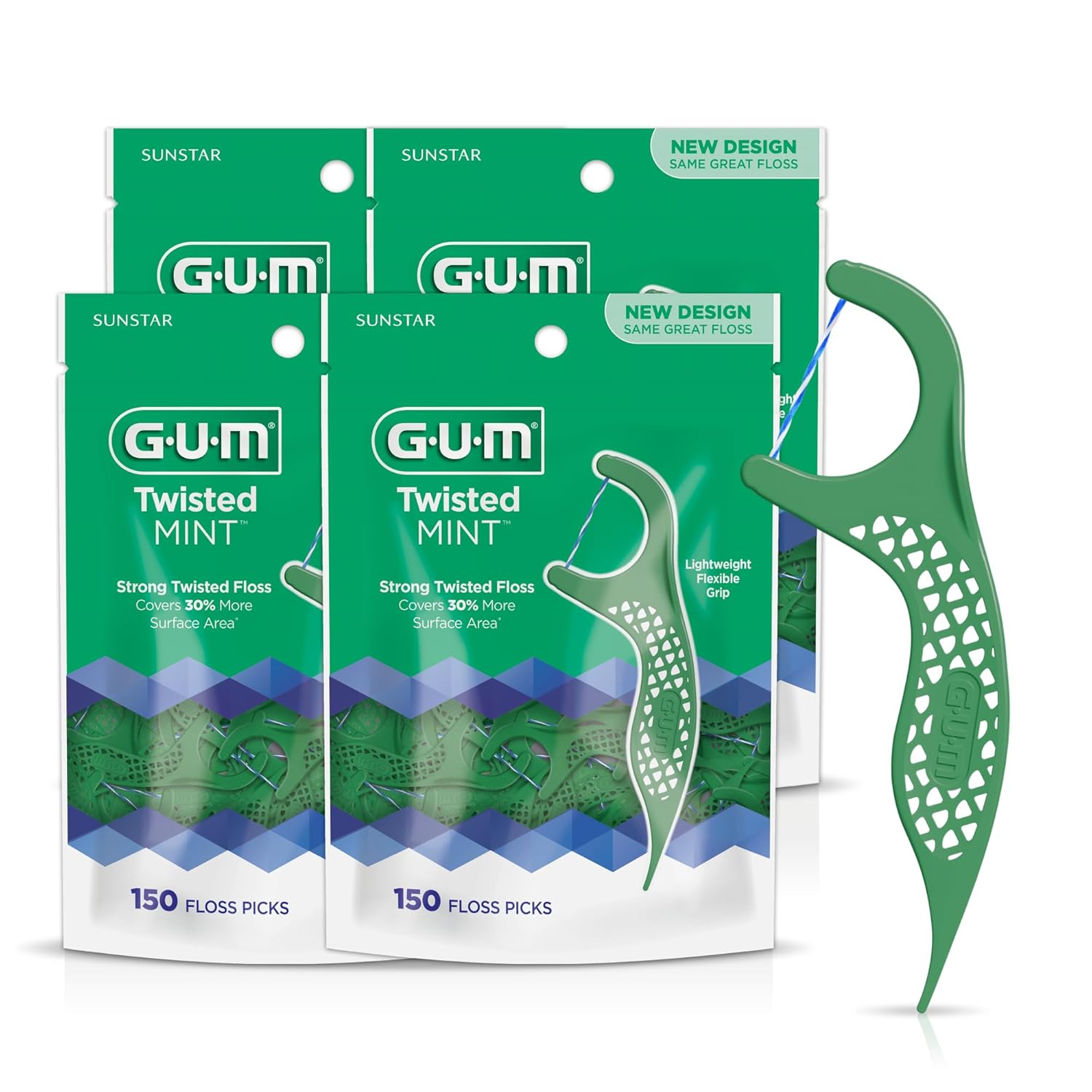 GUM Twisted Mint Floss Picks - Twisted Threads, Shred-Resistant Floss, Easy Grip Handle, 150 Count (Pack of 4)
