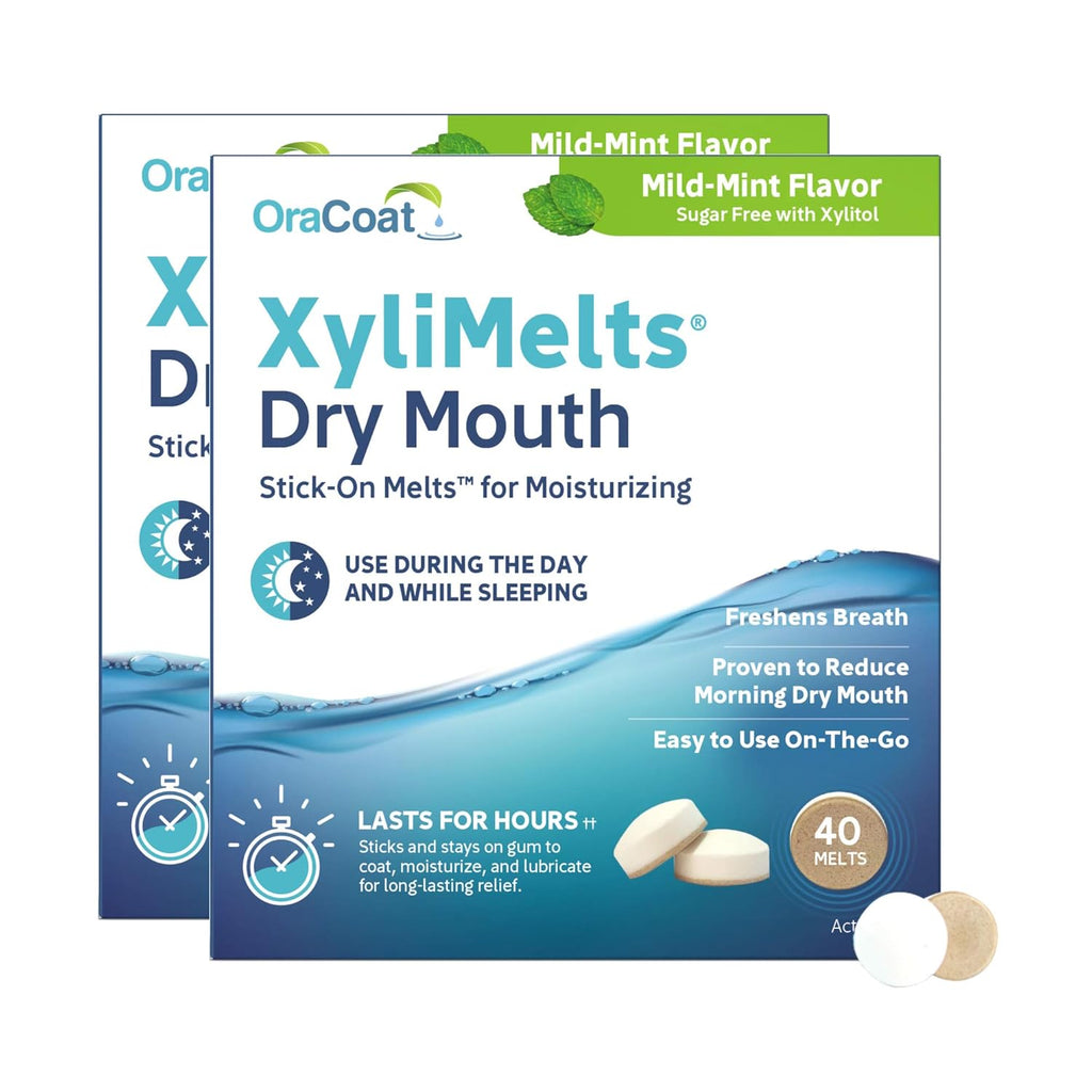 Oracoat XyliMelts for Dry Mouth Night Time or Day - Moisturizing Dry Mouth Adhering Discs, Sugar Free with Xylitol, 80 Count (2 X 40 Twin Pack), Mild Mint Flavor, 8-Hour Relief