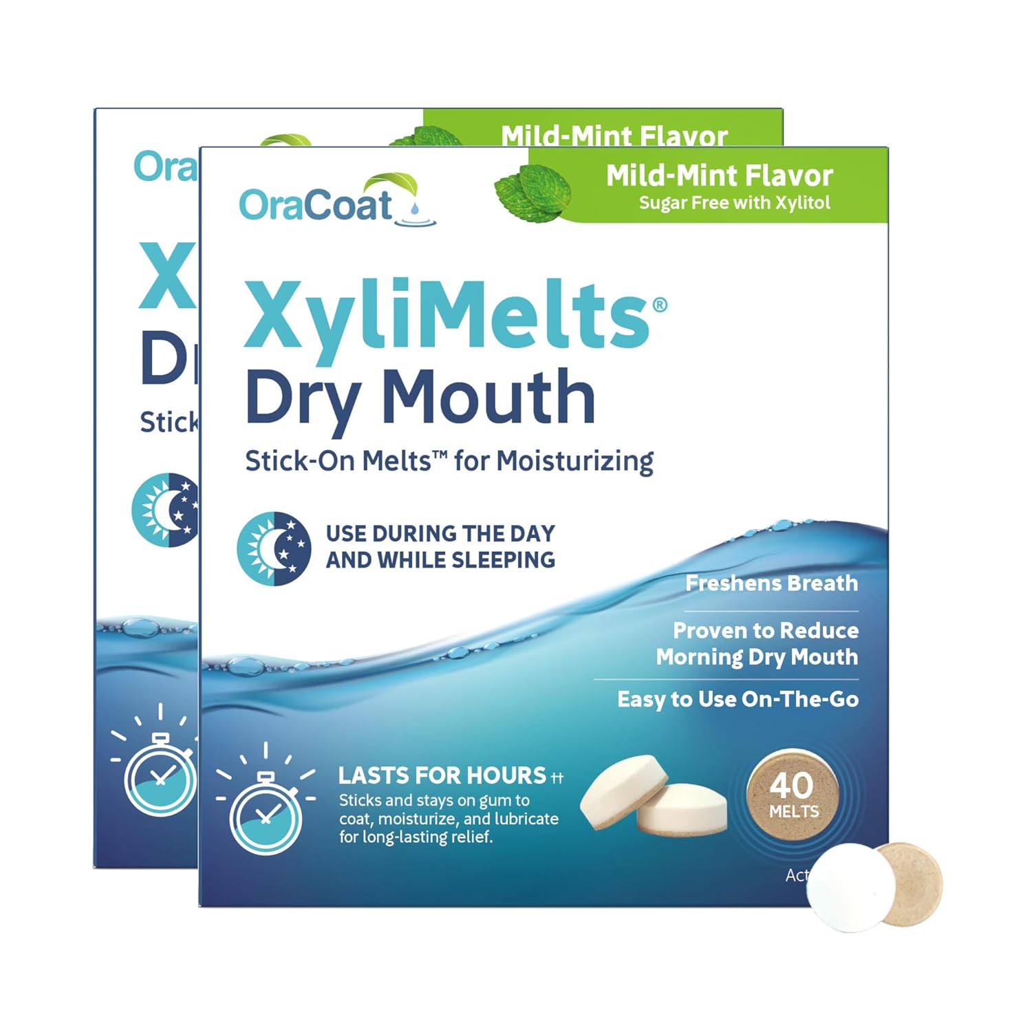Oracoat XyliMelts for Dry Mouth Night Time or Day - Moisturizing Dry Mouth Adhering Discs, Sugar Free with Xylitol, 80 Count (2 X 40 Twin Pack), Mild Mint Flavor, 8-Hour Relief