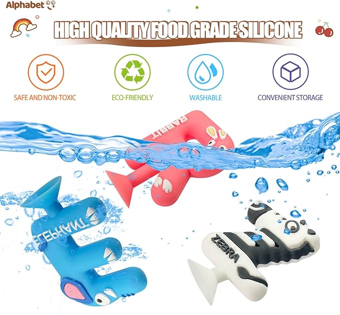 26pcs Alphabet Bath Toys for Toddlers , Educational Suction Bath Toys with Animal Letters, Montessori Sensory Toy for Kids 3-12, No Hole Food-Grade Silicone Toys for Autism/ADD/ADHD