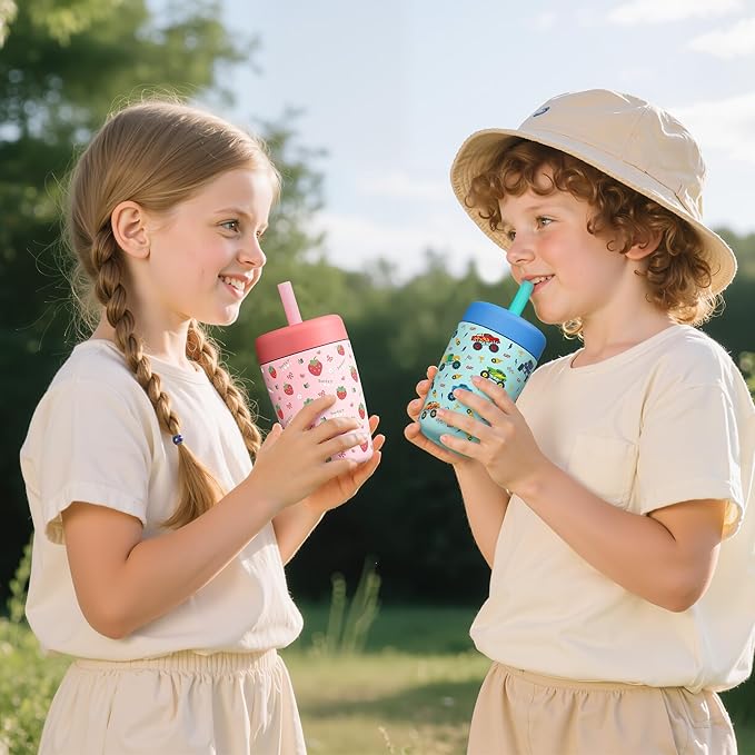 Fimibuke Kids & Toddler Cups Spill Proof, 12 OZ Insulated Sippy Cups for Toddlers Boys Girls, BPA-Free Toddler Straw Tumbler, Stainless Steel Kids Water Bottle with Twist Lids & Silicone Straw, 1 Pack