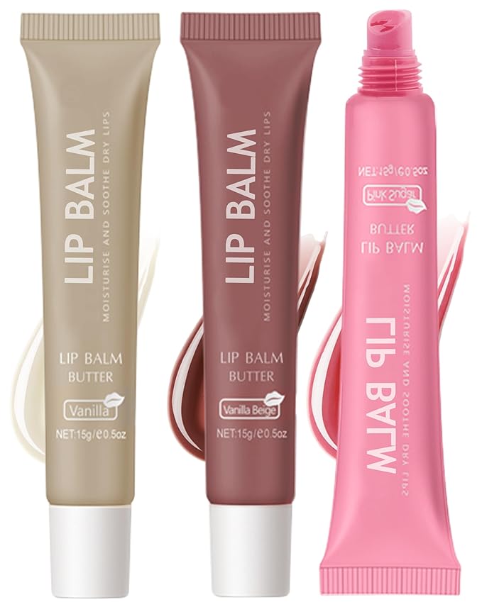Butter Tinted Lip Balm-3 Colors Vanilla Beige Brown Pink Sugar Lip Gloss,Clear Jelly Yummy Tint Lip Stain,Long Lasting Hydrating Glow Reviver Lip Care Oil, Christmas Makeup Gift for Women-Set A