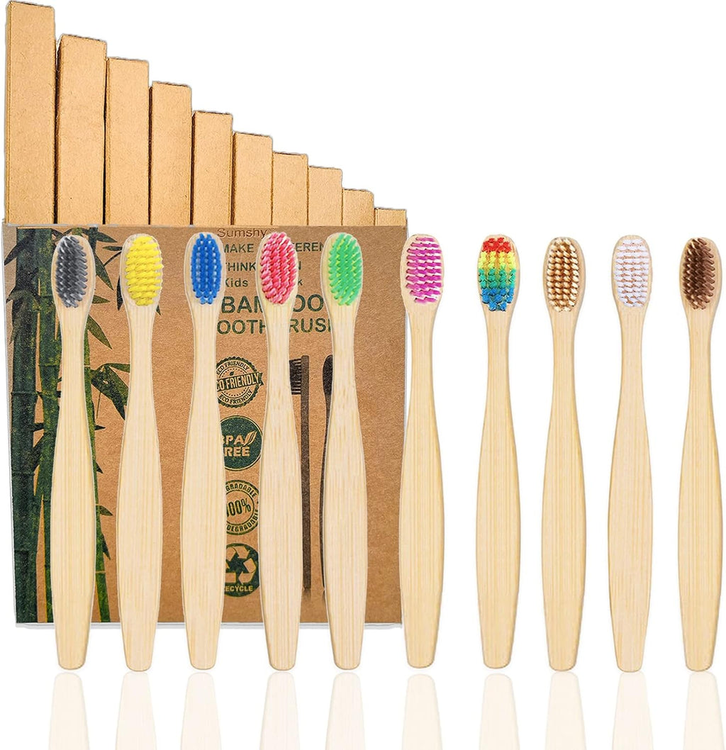 10 Color Kids Bamboo Toothbrushes | BPA Free Soft Bristles Wooden Toothbrushes | Eco-Friendly Biodegradable & Compostable Charcoal Toothbrushes - Economy Family Pack