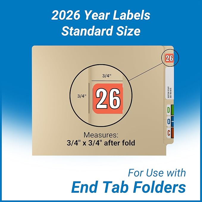 2026 Year Stickers, Doctor Stuff 2026 Chart Stickers, Coral/Black Color Coded, Colwell Jewel Tone Style, USA Made Year Labels for End Tab File Folders, 500/Roll, 1 Roll, 3/4" x 1-1/2"