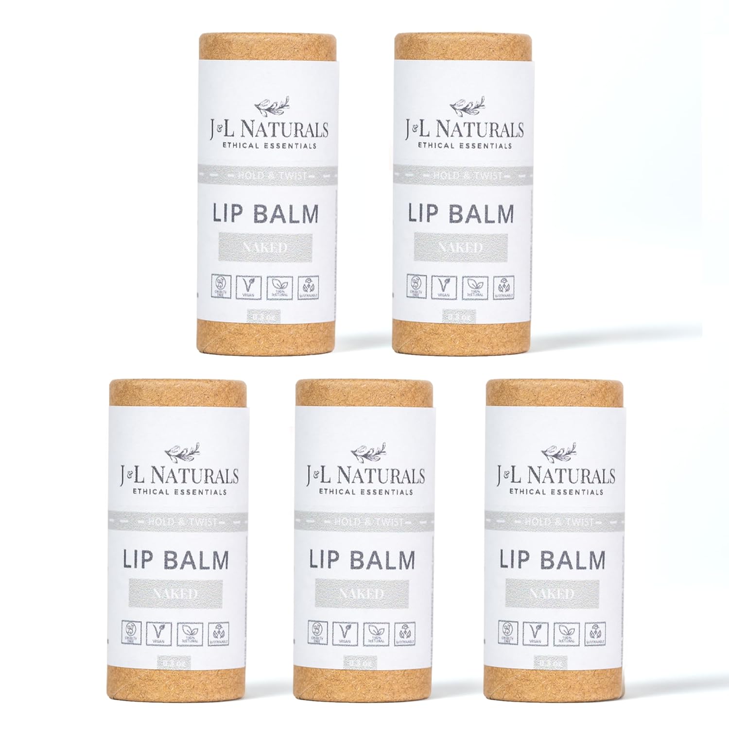 J&L Naturals Sustainable Lip Balm | Organic Ingredients, 100% Natural, Eco-Friendly | Cruelty Free, Vegan, Paraben Free, Silicone Free (Naked (Unscented), 5-Piece Bundle)
