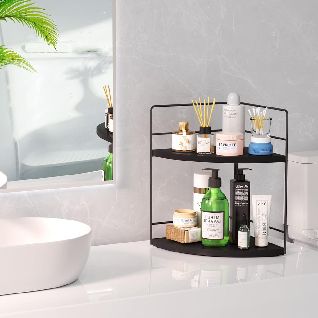 ZGO 2-Tier Bathroom Counter Organizer, Corner and Makeup Organizer for Vanity and Kitchen Counter, Perfume Organizer (Black)