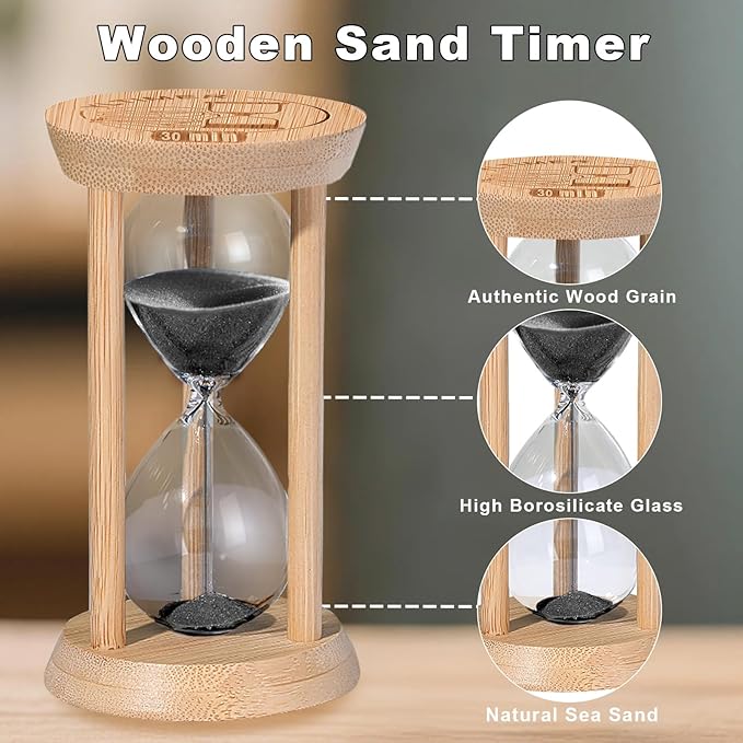 3 Minute Sand Timers, Wooden Mini Black Sand Hourglass for Classroom, 3 Min Bamboo Small Reloj De Arena for Kitchen, Office, Game, Decor