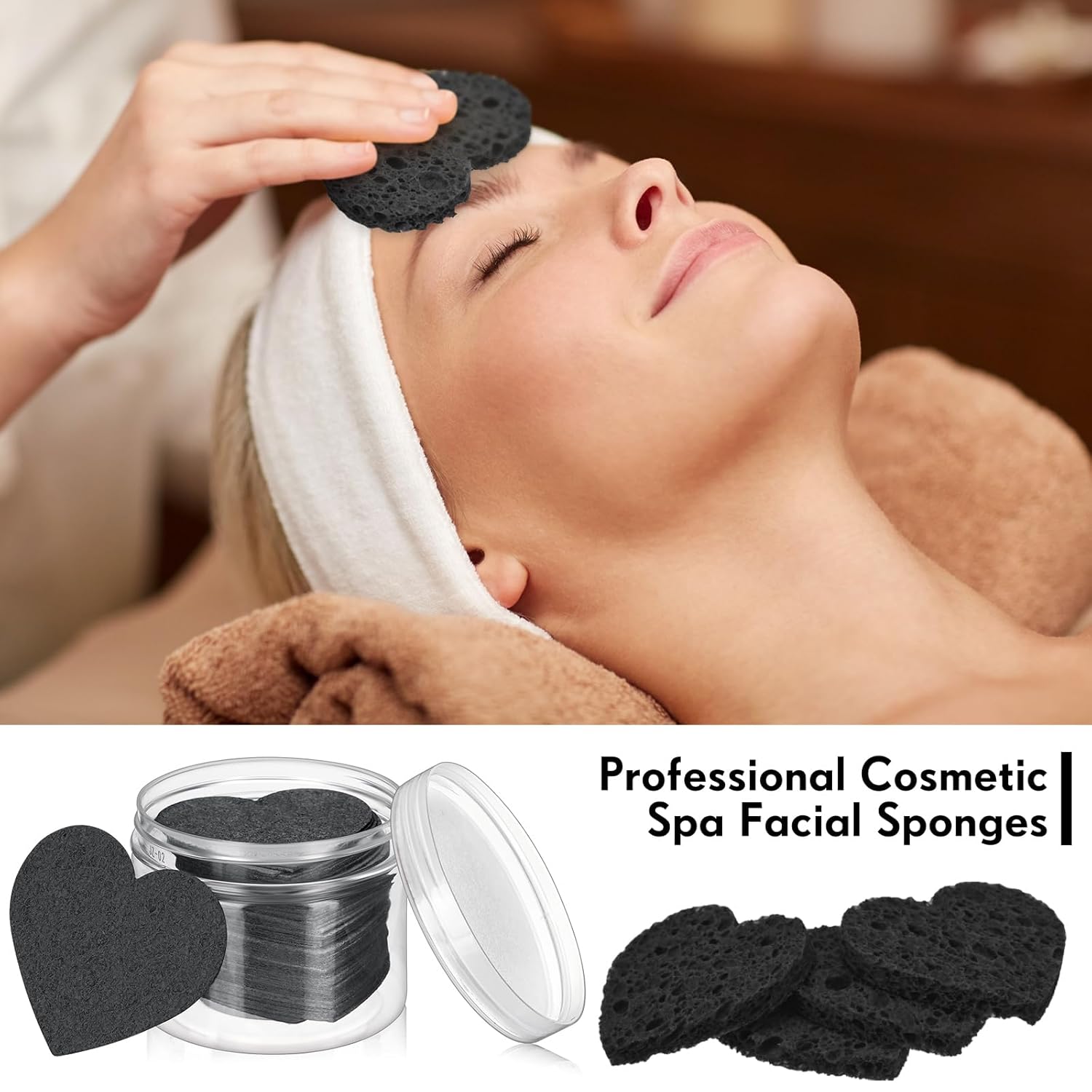 Nuenen 60 Pieces Facial Sponges with Container, Heart Shape Compressed Face Sponges Natural Cleaning Pads for Washing Face Cleaning Exfoliating Esthetician Makeup Removal(Black)