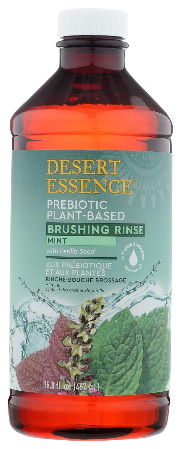 Desert Essence Prebiotic Plant-Based Brushing Rinse Mint 15.8 fl oz – Alcohol Free, No SLS, Gluten-Free, Vegan, Cruelty Free - Healthy Oral Microbiome - Tea Tree Oil, Inulin & Chicory Root