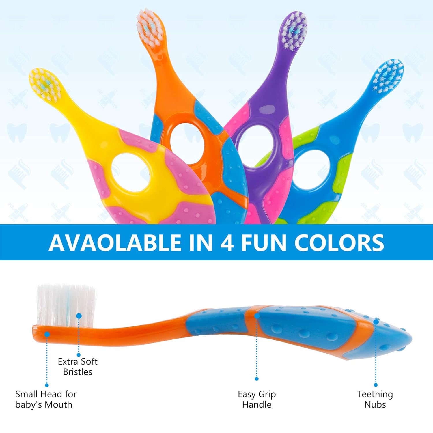 Slotic Baby Toothbrush for 0-2 Years, Safe and Sturdy, Toddler Oral Care Teether Brush, Extra Soft Bristle for Baby Teeth and Infant Gums, Dentist Recommended (4-Pack)