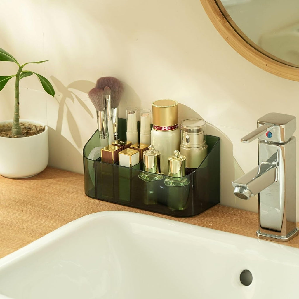 SUNFICON Makeup Tray Holder Organizer Cosmetic Display Case Tabletop Desktop Vanity Countertop Bathroom Wall Cabinet Medicine Storage Box 9 Dividers 2 Removable for Womens Ladies Girls Crystal Green