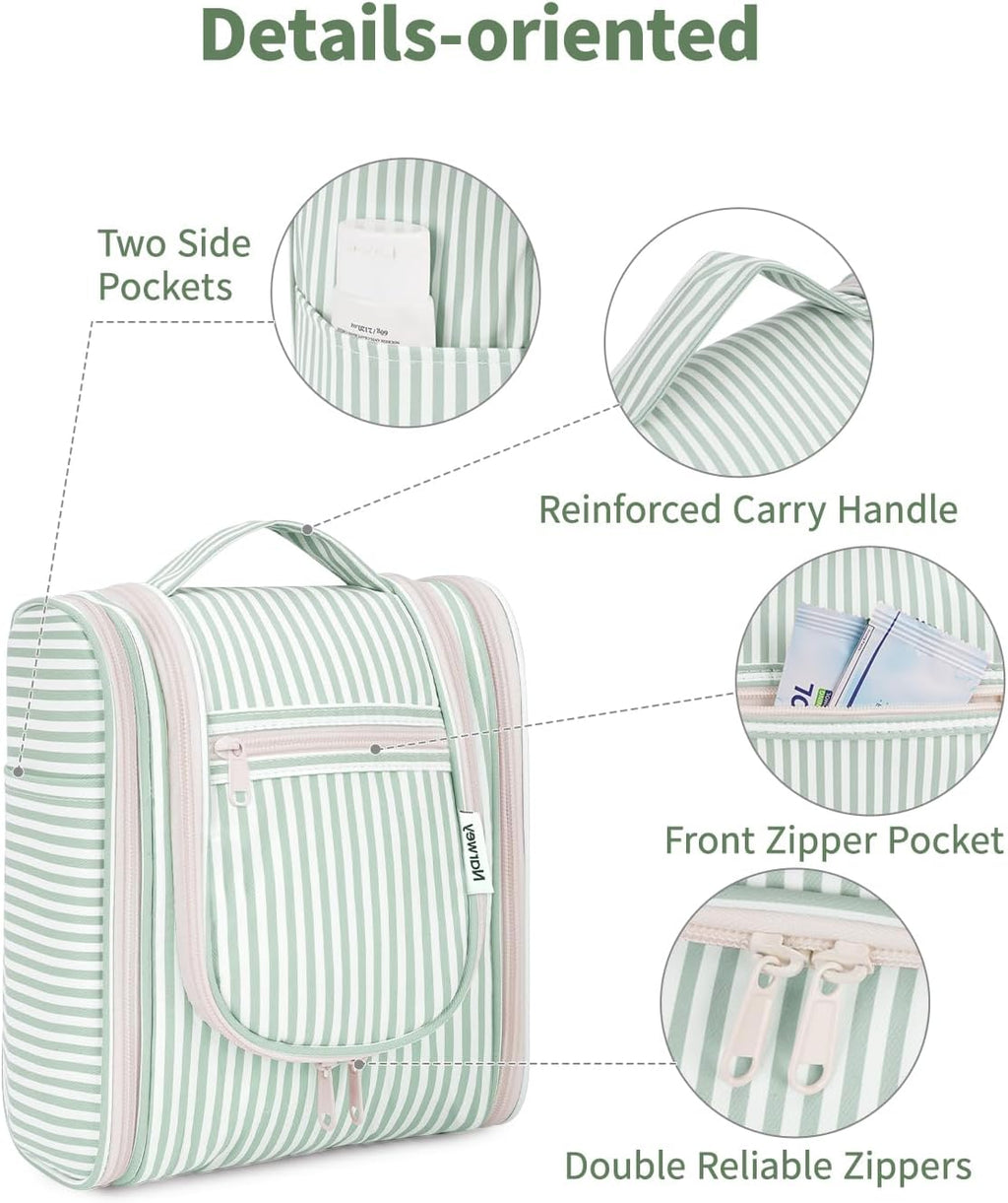 Narwey Small Striped Hanging Travel Toiletry Bag for Women, Travel Bag for Toiletries, Makeup Bag Organizer Cosmetic Bags Make Up Bags for Women (Mint Green Stripe)