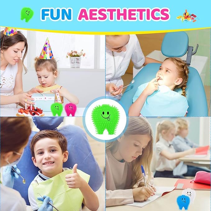 25 Pcs Mini Tooth Toys Fidget Stress Relief Puffer Squeezy Dental Dentist Toys Birthday Party Gifts School Office Prizes, 2 Inch (Multicolored)