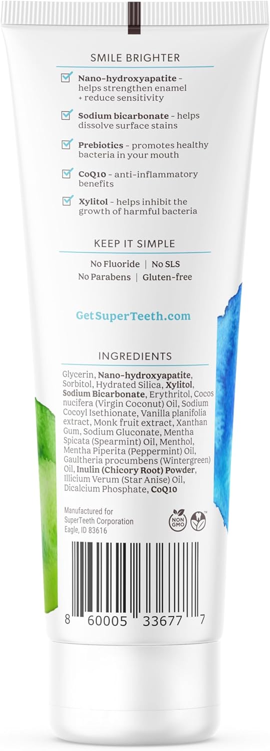 SuperTeeth Whitening Nano Hydroxyapatite (nHAp) Toothpaste for Adults & Kids | Sodium Bicarbonate | Fluoride-Free | Remineralizing | Xylitol | CoQ10 | Prebiotic | Mint | SLS-Free | Made in USA