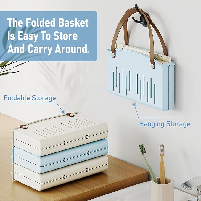 Delamu Portable Shower Basket Caddy with Double Handle Foldable Dry Wet Separation Design 11.0 × 7.1 × 6.5in, Travel, Camping, Gym, College Bathroom Tote, Blue, Ideal Christmas Gifts for Girls