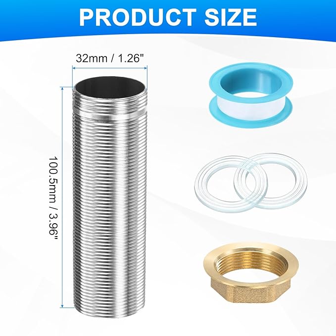 uxcell Faucet Mount Extension Shank 4"x 1.25" Stainless Steel Pipe Faucet Extension Nipple Locknut Kit Extension Threaded Lengthen Fixed High Foot with Raised Nut and Gasket Fittings