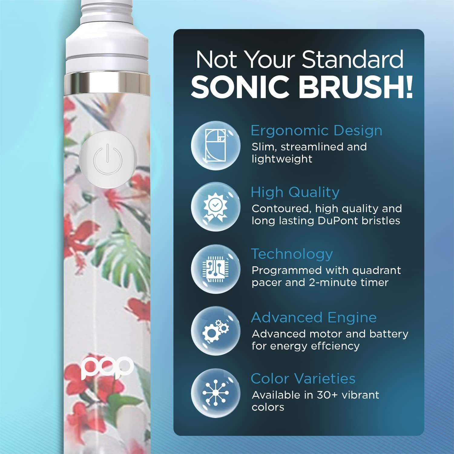 Pop Sonic Electric Toothbrush (White Floral) - Travel Toothbrushes w/AAA Battery | Kids Electric Toothbrushes with 2 Speed & 15,000-30,000 Strokes/Minute, Dupont Nylon Bristles