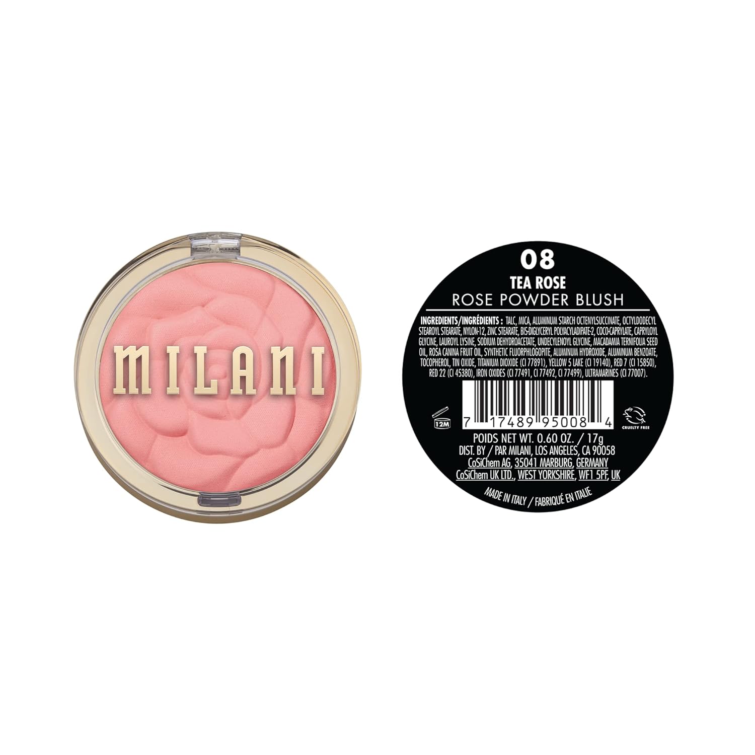 Milani Rose Blush, Powder Blush for Cheeks, Cruelty Free Makeup - Shape, Contour & Highlight Face for a Natural Matte Finish -Tea Rose