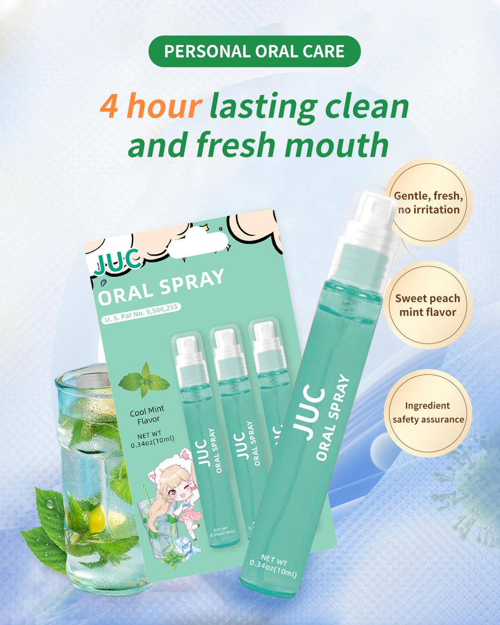3 Count Mint Breath Spray Mouth Spray Breath Freshener Oral Care for All Ages 0.33OZ (10ML) Cool Mint Flavor