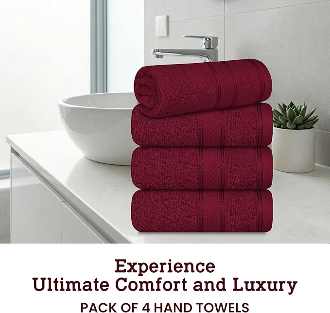 Casa Lino 100% Cotton Hand Towels for Bathroom - Soft, Highly Absorbent & Quick Dry Kitchen Towels - Gym Towel Set - Travel Towel Set - 24" x 16" - Pack of 4 - (Burgundy)