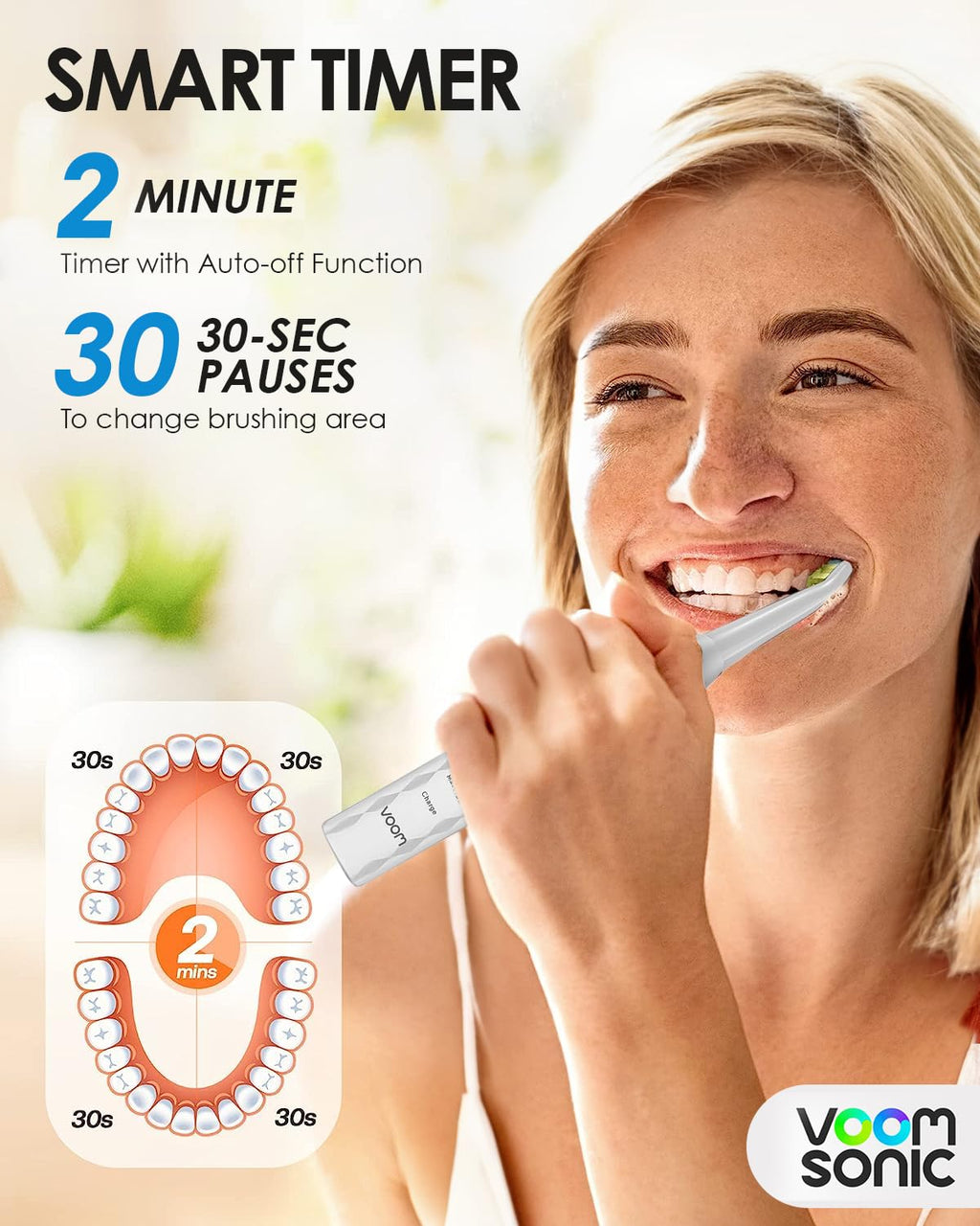 Voom Sonic Pro 3 Rechargeable Electric Toothbrush With Soft Dupont Nylon Bristles Dentist Recommended Portable Oral Care 2-Minute Timer 3 Adjustable Speeds Light Weight Design - White