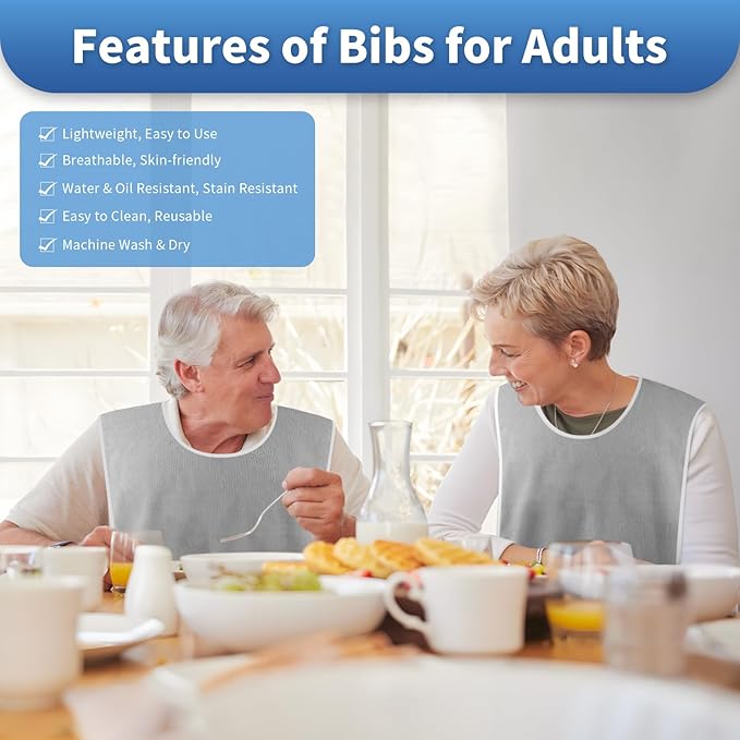 3 Pack Premium Unisex Adult Bibs for Elderly Women Men, Waterproof Bib for Eating, Adjustable and Washable (Grey)