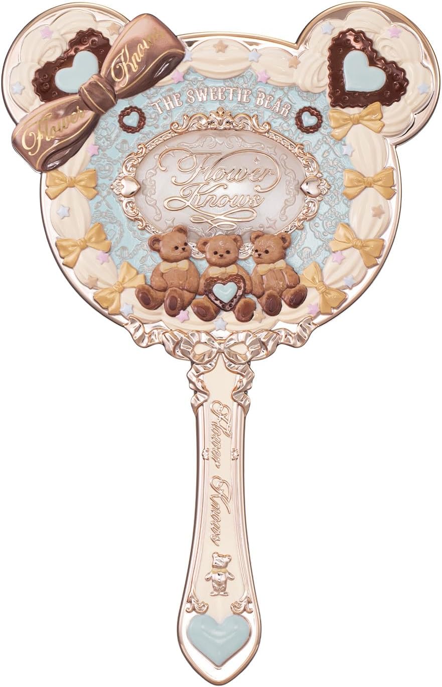 Flower Knows The Sweetie Bear Hand Mirror,Vintage Portable Handheld Mirror,Fancy & Pretty Princess Mirror with Long Handle,Gift for Girls(Minty Blue)