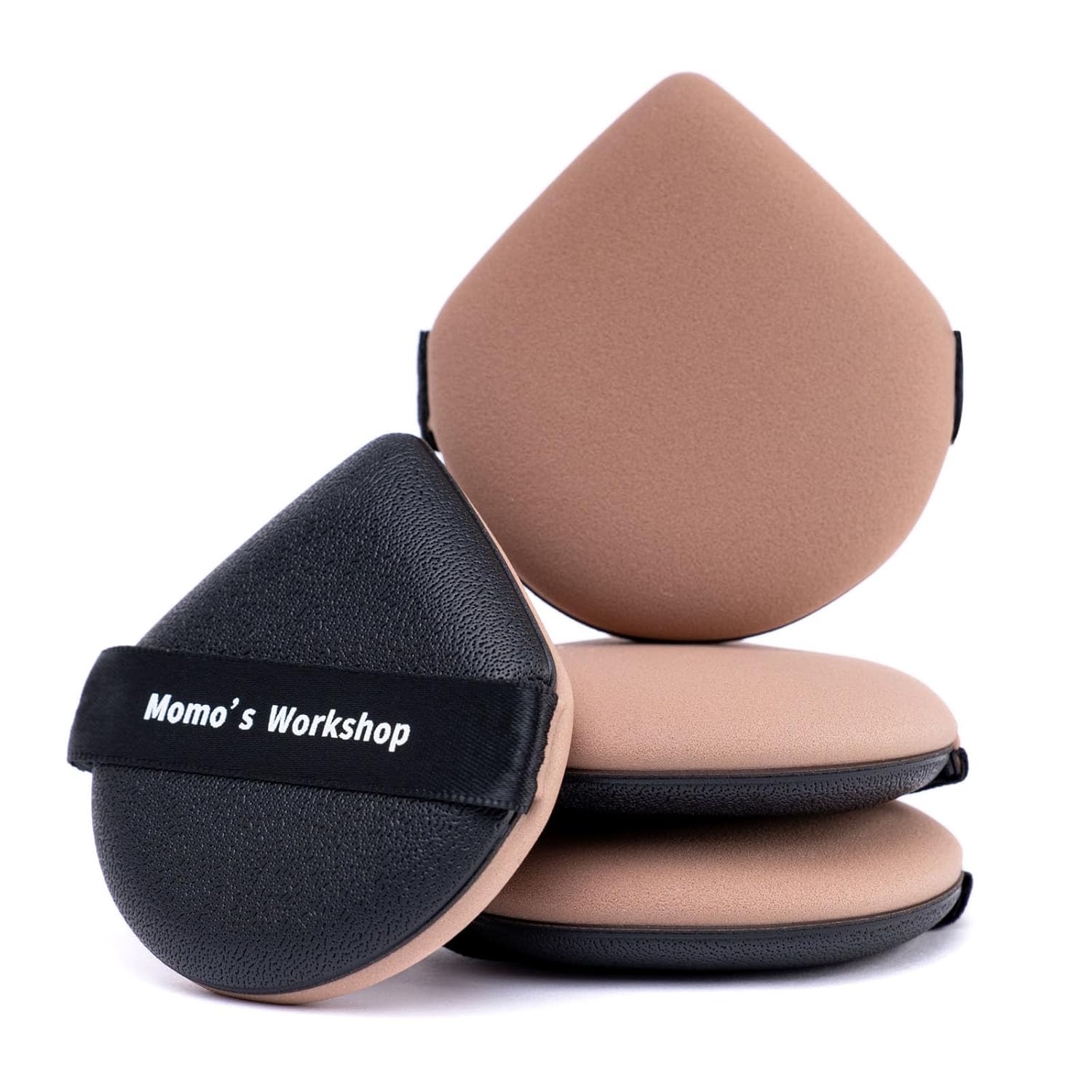 Momo's Workshop Geego Black Lychee-Pattern Leather Makeup Puff - Water Drop Shape, Dry/Wet Dual Use, Reinforced Strap, Flawless Foundation Application for Cushion/Foundation,3pcs & Storage Case