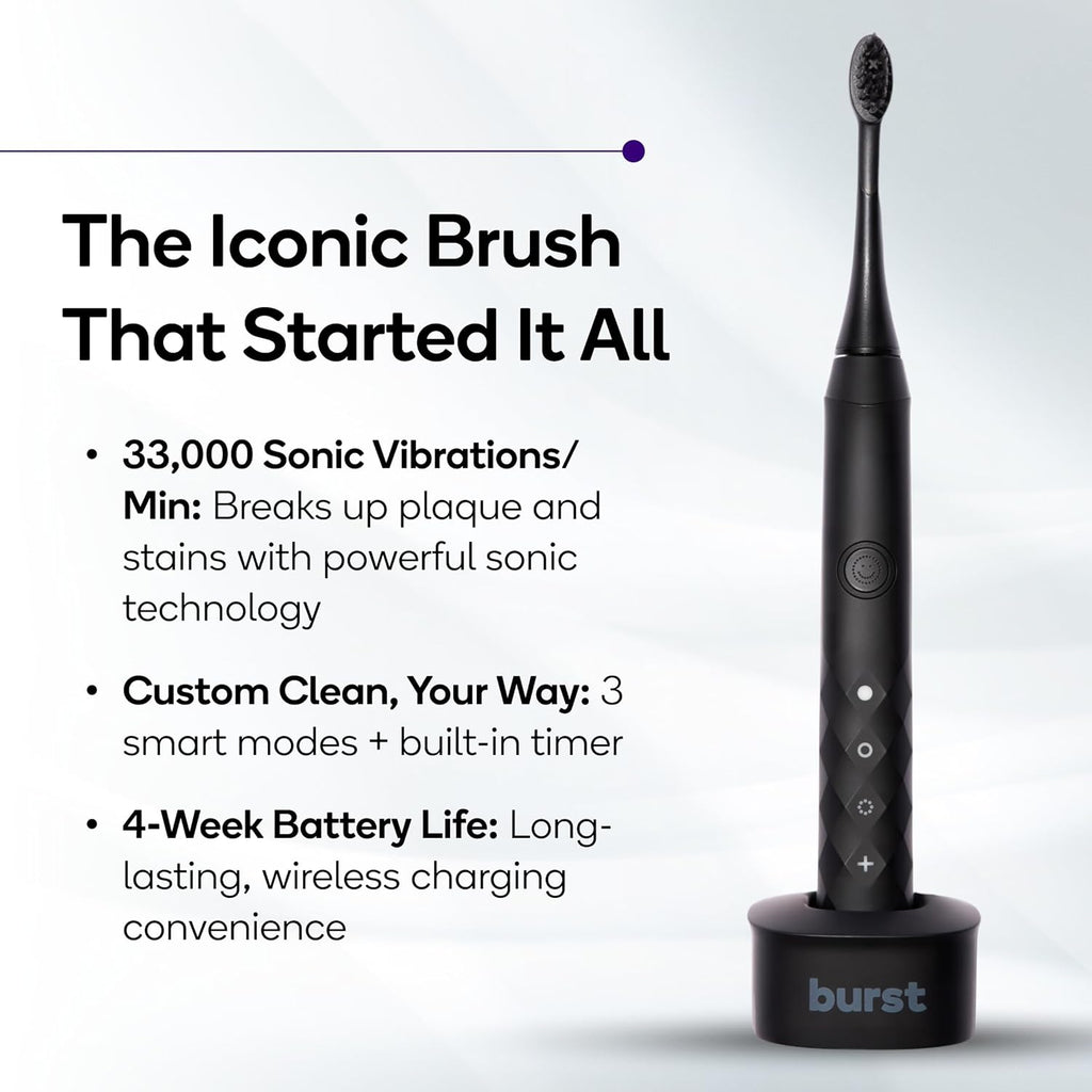 Burst Original Sonic Electric Toothbrush for Adults (Black) | Soft Bristle Deep Clean Stain & Plaque Removal | 3 Modes: Teeth Whitening, Sensitive & Massage