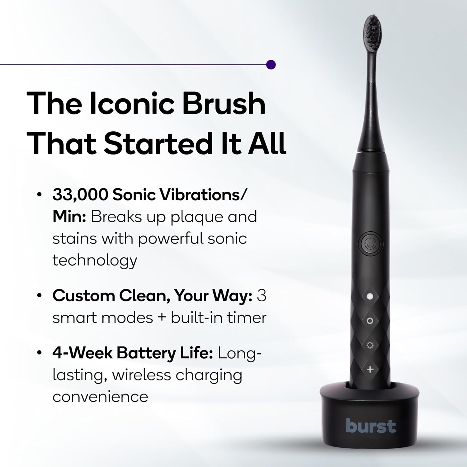 Burst Original Sonic Electric Toothbrush for Adults (Black) | Soft Bristle Deep Clean Stain & Plaque Removal | 3 Modes: Teeth Whitening, Sensitive & Massage