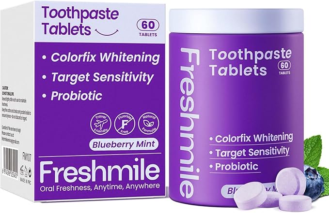 Whitening Toothpaste Tablets with Nano-Hydroxyapatite (NHA) Purple Toothpaste for Teeth Whitening Fluoride-Free, for Sensitive Teeth & Gums, Travel-Friendly Tabs (60 Count)