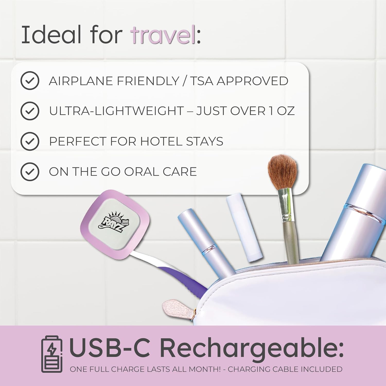 Rayz UV-C Toothbrush Sanitizer | Portable & Rechargeable | 99.9% Sanitization in 3 Minutes | Wall Mountable, Travel-Friendly & TSA-Approved (Lavender)