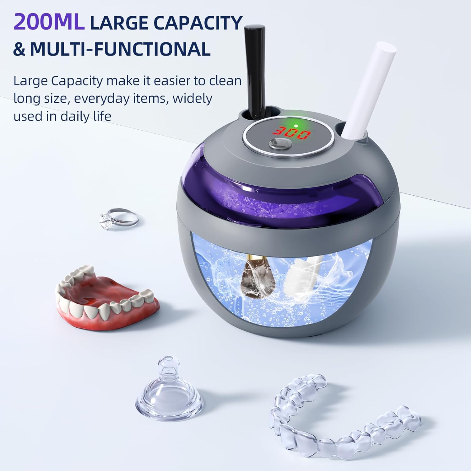 Ultrasonic Retainer Cleaner, Retainer Cleaner Machine for Dentures, Mouth Guards, Braces, Toothbrush Heads, Jewelry with 200ML Capacity, 45kHz Retainer Cleaning, 4 Modes for Appliances (Grey)