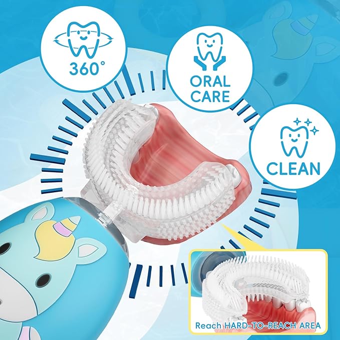 Kids U Shaped Electric Toothbrush 4 Brush Heads, Automatic Sonic Toothbrush Kids 2 Modes, Cartoon Design 360-Degree Cleaning IPX7 Waterproof,Pink
