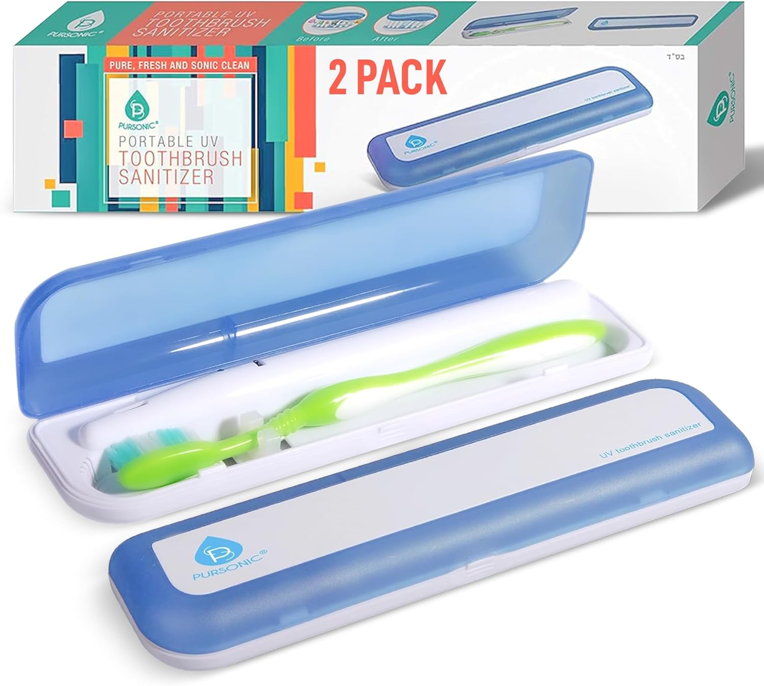 Pursonic Portable UV Toothbrush Sanitizer Case - Travel Toothbrush Sanitizer and Holder - for Electric and Manual Brush Heads with UV Light & Auto Shut Off Timer (2 Pack)