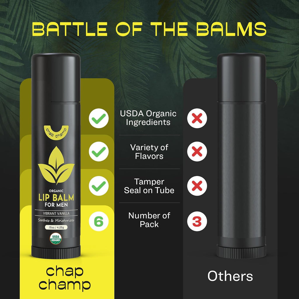 Lip Balm for Men - USDA Organic Certified Chapstick for Men - All Natural Ingredients - Contains Vitamin E and Beeswax - Peppermint, Coconut & Vanilla - MADE IN THE USA (6 pack)