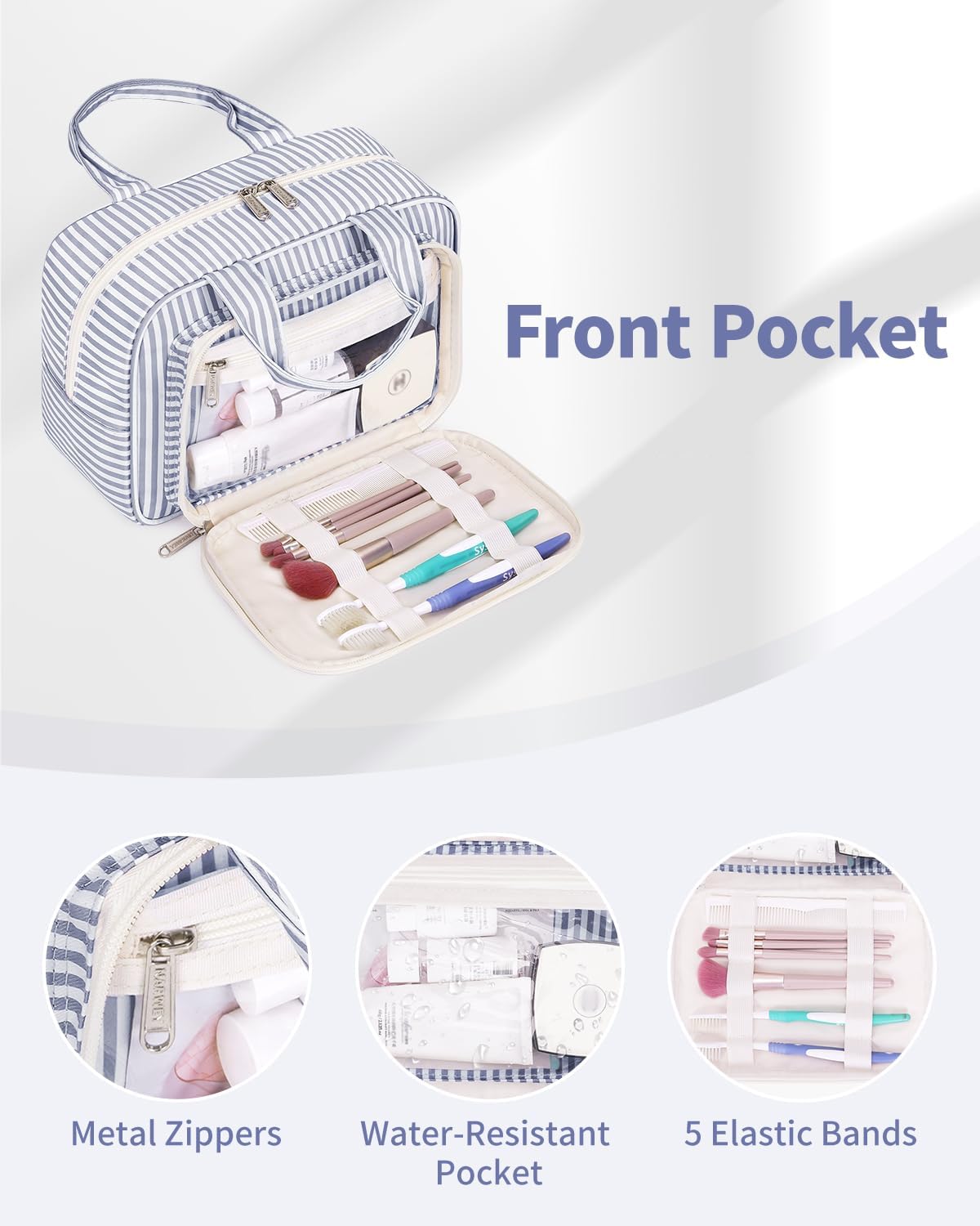 Narwey Large Travel Toiletry Bag for Traveling Women, Cosmetic Makeup Bag Make Up Organizer, Striped Travel Bag for Toiletries with Handle (Greyish Blue Stripe)